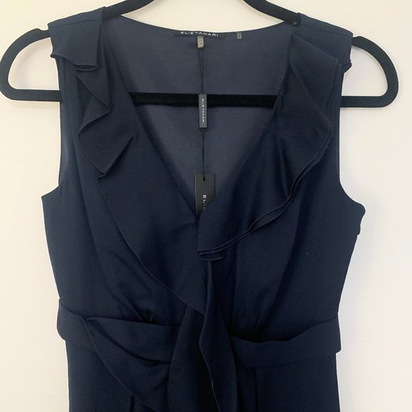 Elie Tahari Ruffle Neck Navy Silk Dress - TAG ON - Picture 2 of 6